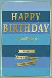 Calming blue birthday card with gold-embossed message and banners, evoking a gentle celebration in the heart of Kennington. The design is built from wide, horizontal bands of blue that move gradually from deep, almost navy at the base through softer denim and teal to an airy sky blue near the top, like watching dusk slowly lift over the rooftops near Kennington Oval. Centered on this serene background, the words "HAPPY BIRTHDAY" appear in large, embossed letters of polished gold. The typeface is crisp and elegant, and the metallic finish adds a soft, reflective glow, catching light the way polished brass might in a cosy Kennington living room. Just below the central greeting, a graceful gold flourish extends across the card, its curling lines and loops reminiscent of vintage calligraphy. Beneath this, three narrow gold banners sit in a neat stack, each embossed with a portion of the friendly phrase: "Relax, have a great day and enjoy!" The banners echo the horizontal structure of the blue stripes and give the design a sense of rhythm and balance. A slim gold border frames the entire card, completing the composition with a refined touch. The card stock looks sturdy and smooth, likely matte, so the raised gold elements stand out to both sight and touch. You can picture this card standing beside a vase of freshly delivered birthday flowers on a table just off Kennington Road, radiating quiet cheer and encouragement. It is a design that speaks to thoughtful, unhurried celebration-calm, stylish, and genuinely warm.